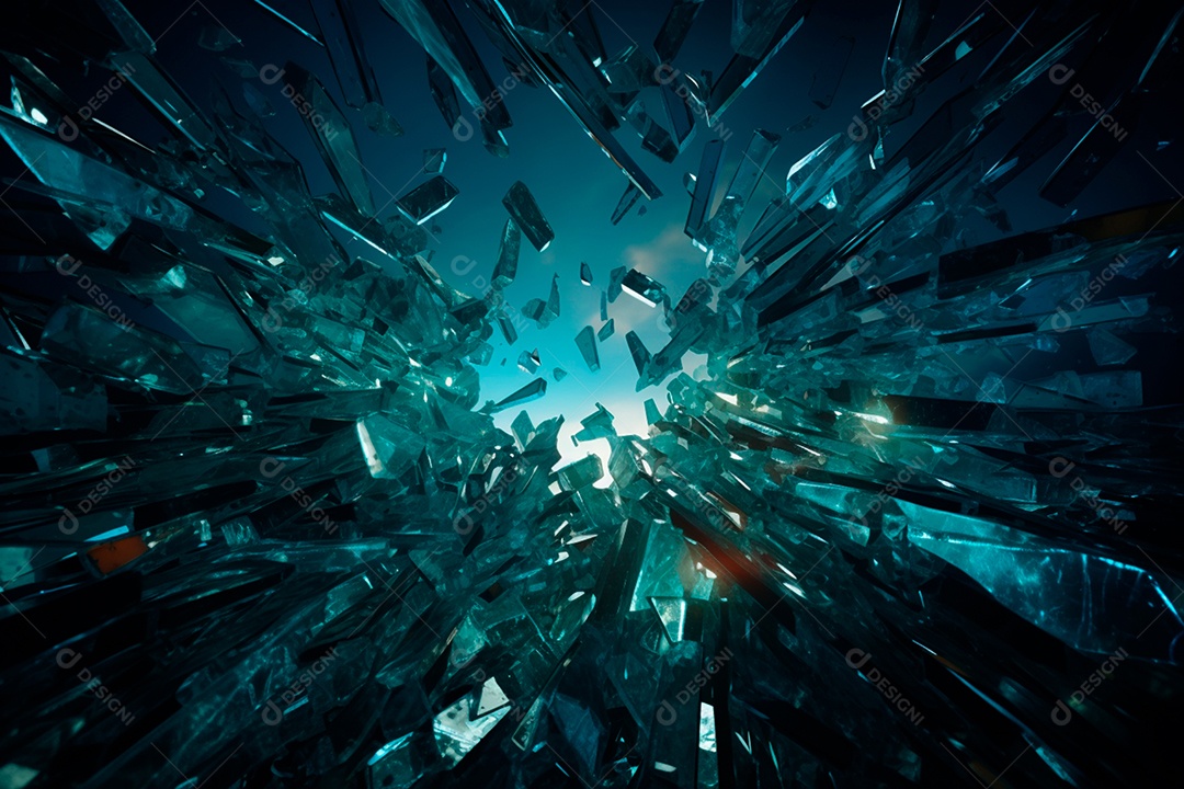 Imagens de vidro quebrado, no estilo da arte de autodestruição, céu azul escuro