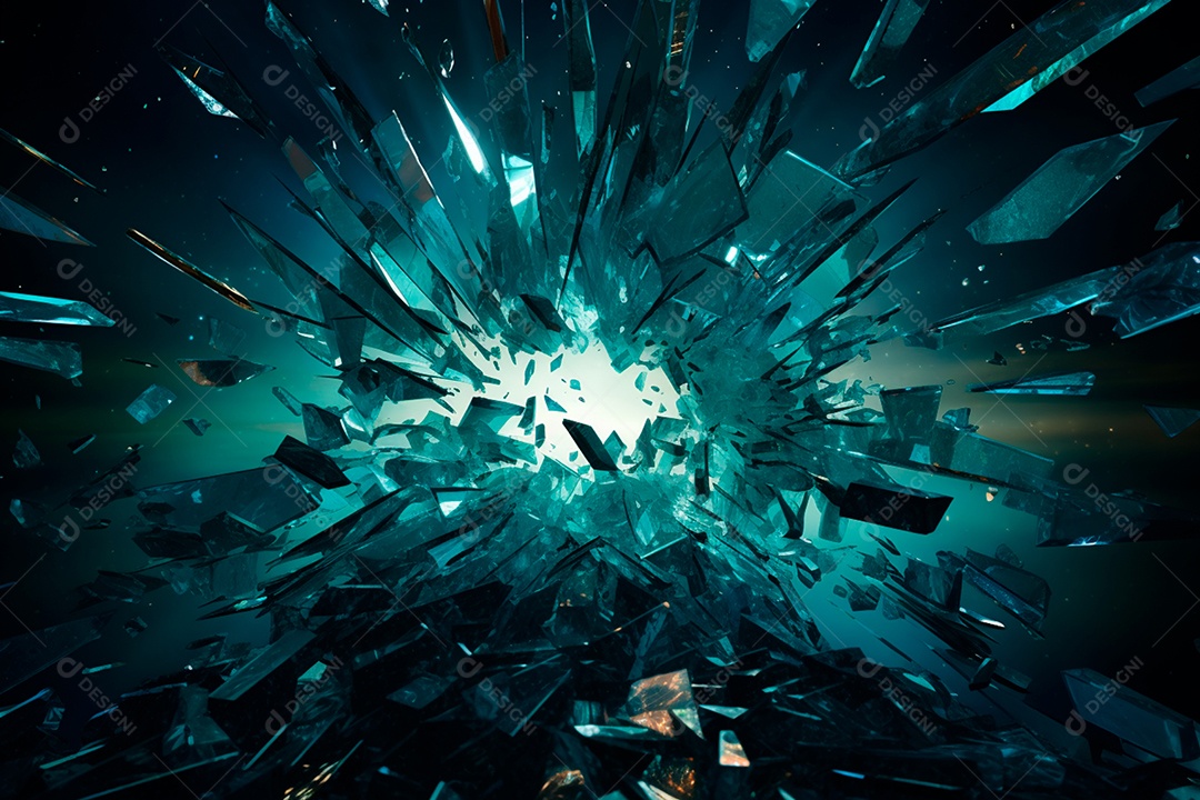 Imagens de vidro quebrado, no estilo da arte de autodestruição, céu azul escuro