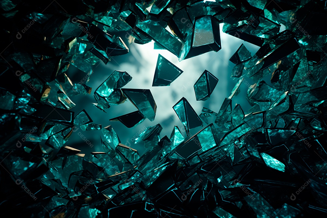Imagens de vidro quebrado, no estilo da arte de autodestruição, céu azul escuro