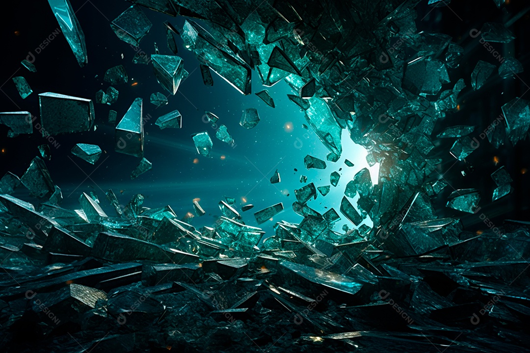 Imagens de vidro quebrado, no estilo da arte de autodestruição, céu azul escuro