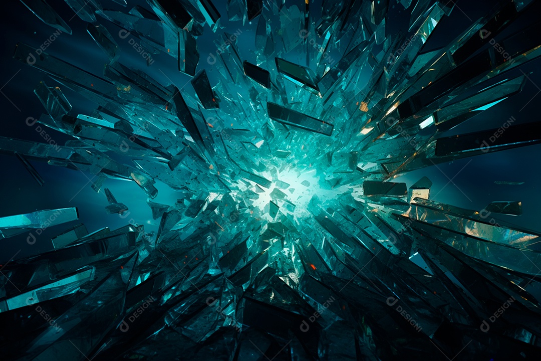 Imagens de vidro quebrado, no estilo da arte de autodestruição, céu azul escuro