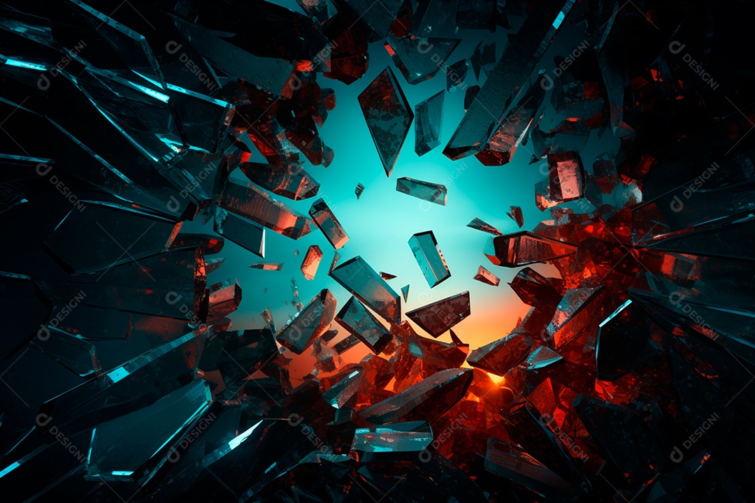 Imagens de vidro quebrado, no estilo da arte de autodestruição, céu azul escuro