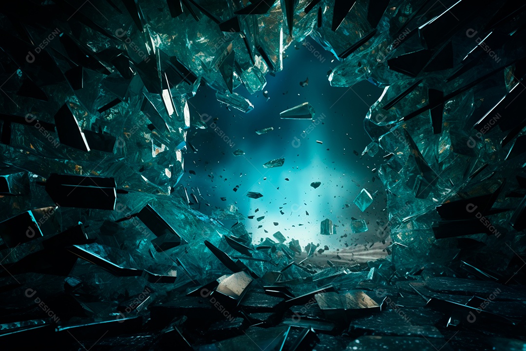 Imagens de vidro quebrado, no estilo da arte de autodestruição, céu azul escuro