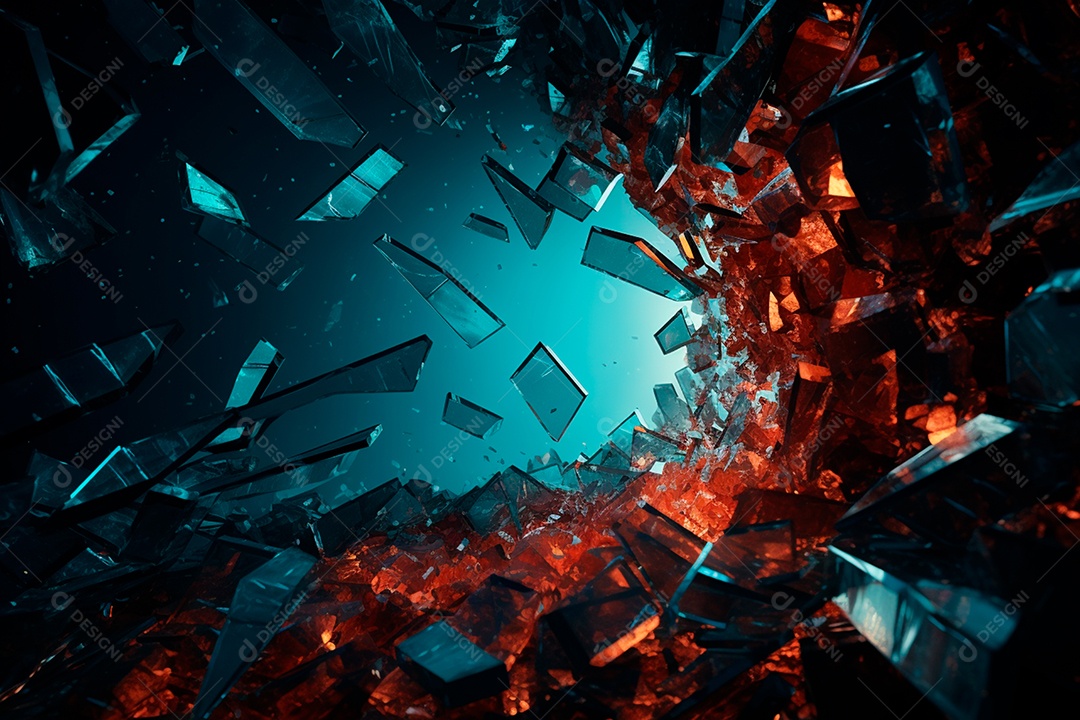 Imagens de vidro quebrado, no estilo da arte de autodestruição, céu azul escuro