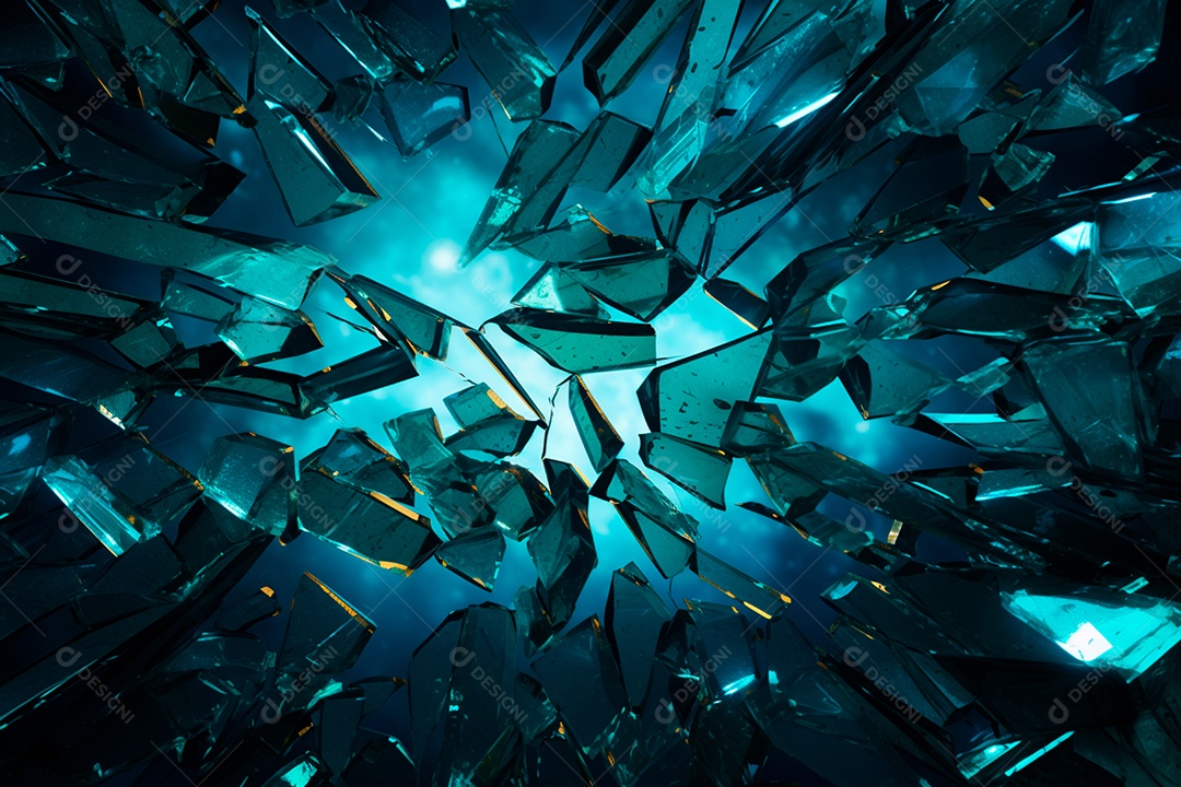 Imagens de vidro quebrado, no estilo da arte de autodestruição, céu azul escuro
