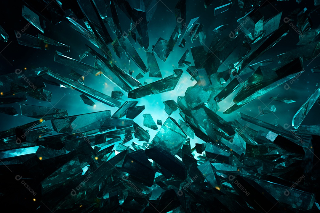 Imagens de vidro quebrado, no estilo da arte de autodestruição, céu azul escuro