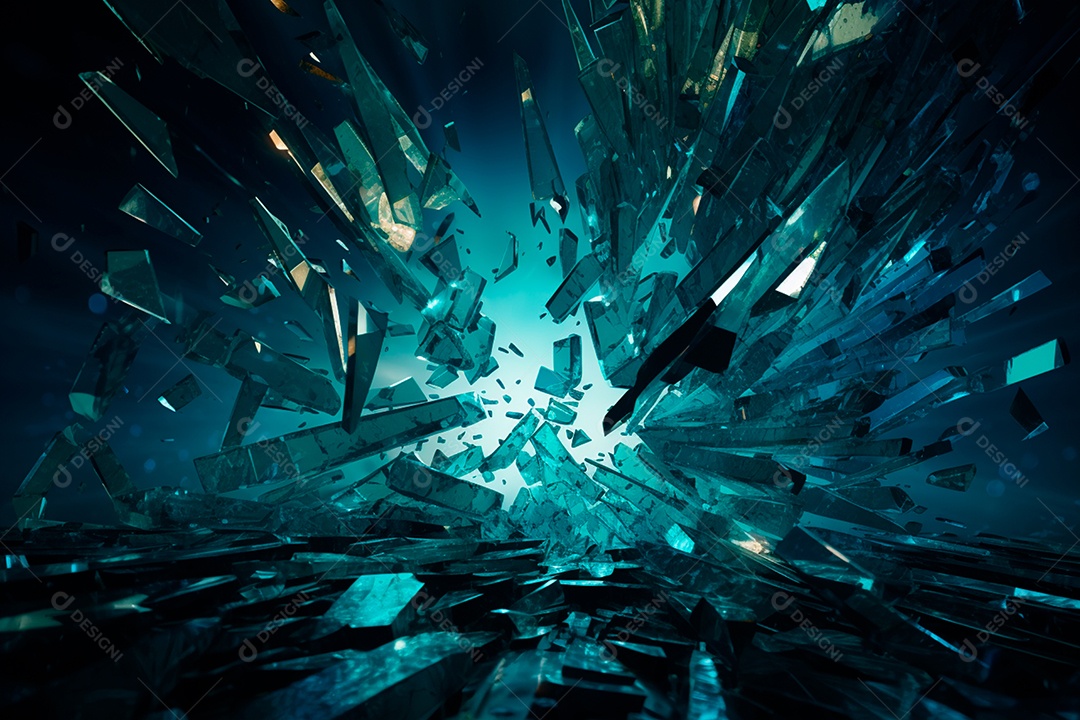 Imagens de vidro quebrado, no estilo da arte de autodestruição, céu azul escuro