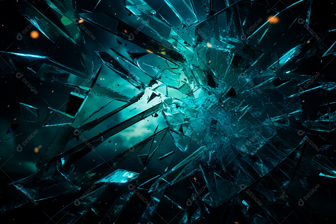 Imagens de vidro quebrado, no estilo da arte de autodestruição, céu azul escuro