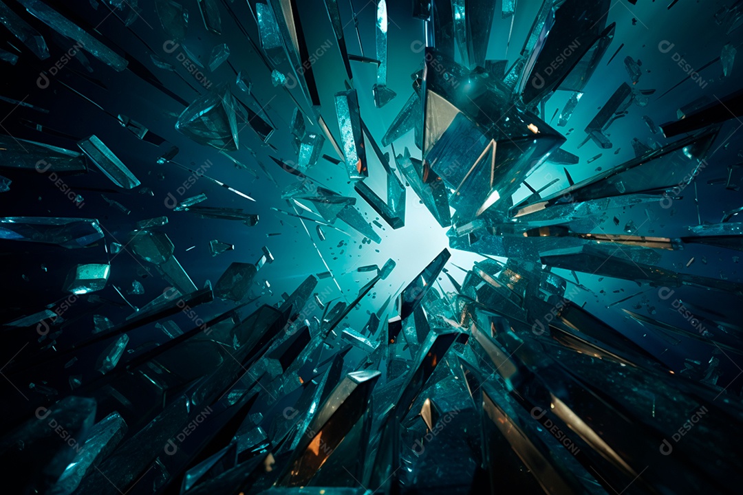 Imagens de vidro quebrado, no estilo da arte de autodestruição, céu azul escuro
