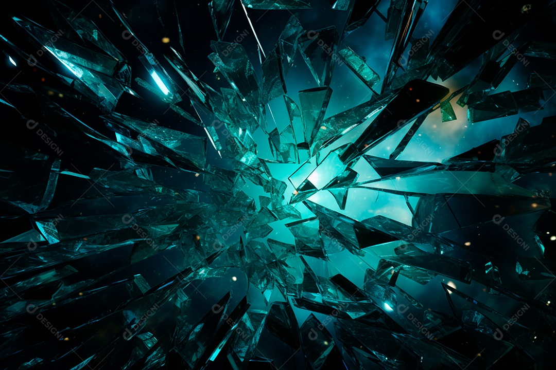 Imagens de vidro quebrado, no estilo da arte de autodestruição, céu azul escuro