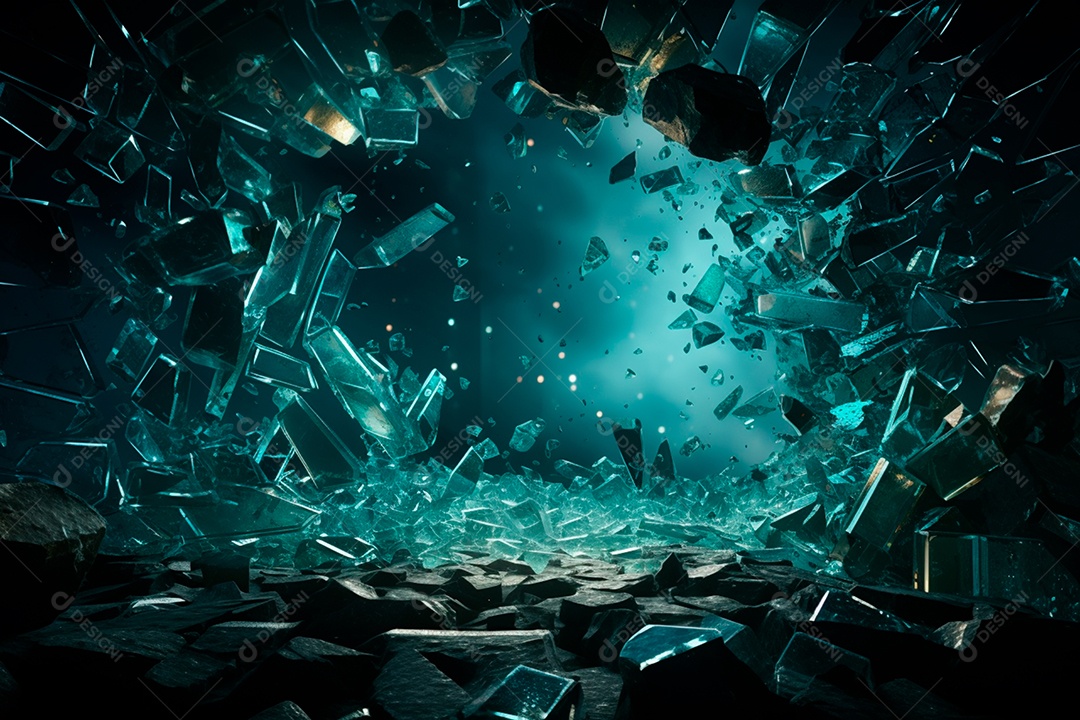 Imagens de vidro quebrado, no estilo da arte de autodestruição, céu azul escuro