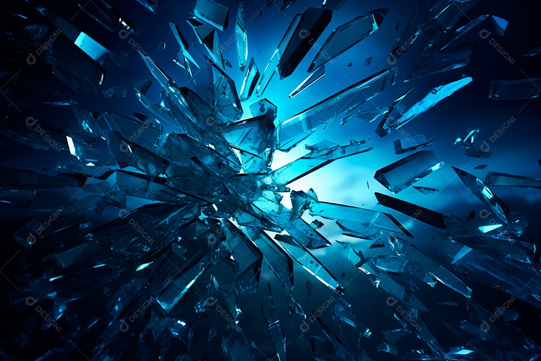 Imagens de vidro quebrado, no estilo da arte de autodestruição, céu azul escuro