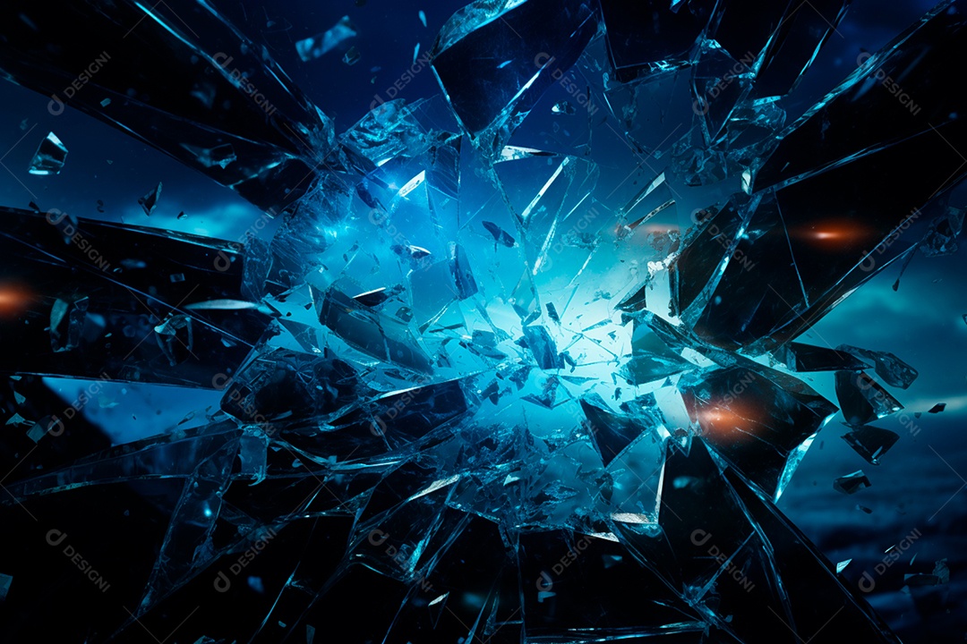 Imagens de vidro quebrado, no estilo da arte de autodestruição, céu azul escuro