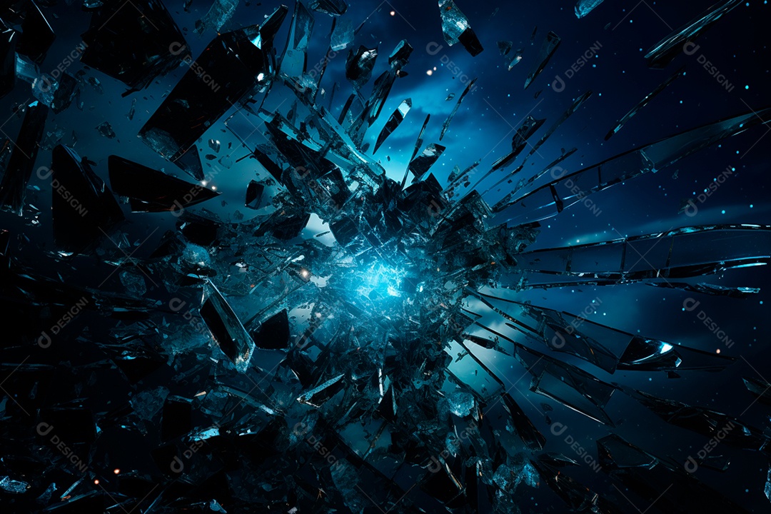 Imagens de vidro quebrado, no estilo da arte de autodestruição, céu azul escuro