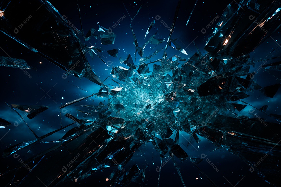Imagens de vidro quebrado, no estilo da arte de autodestruição, céu azul escuro