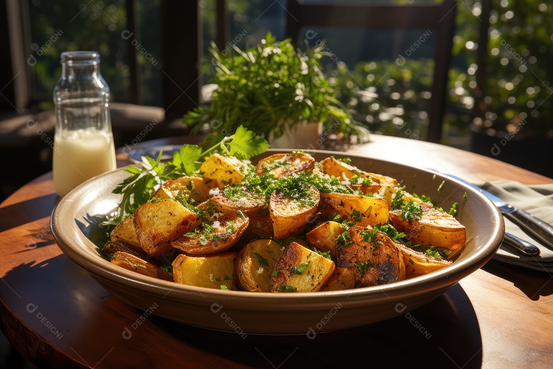 Deliciosas batatas crocantes sobre a mesa