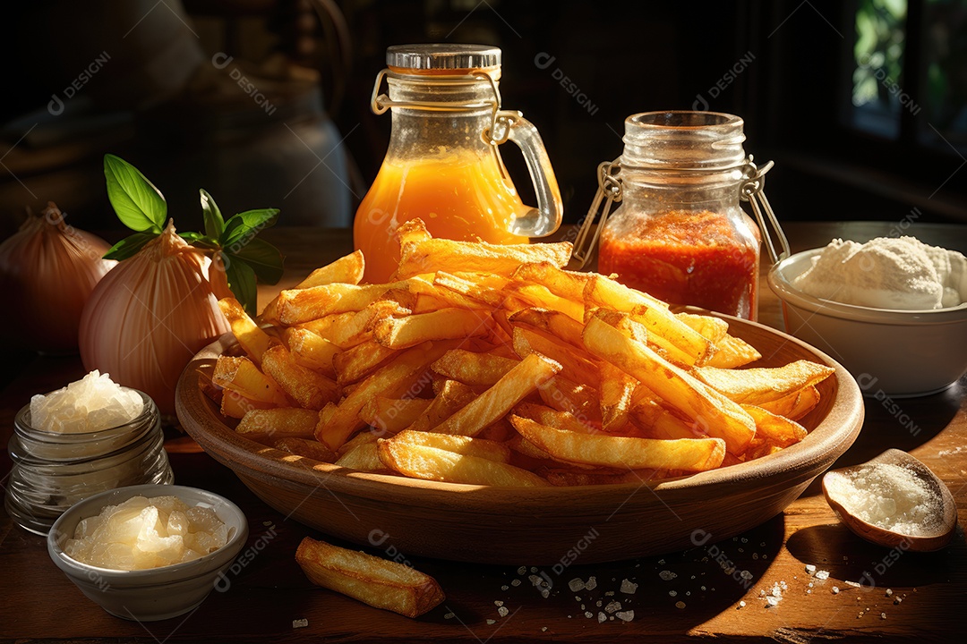 Deliciosas batatas crocantes sobre a mesa