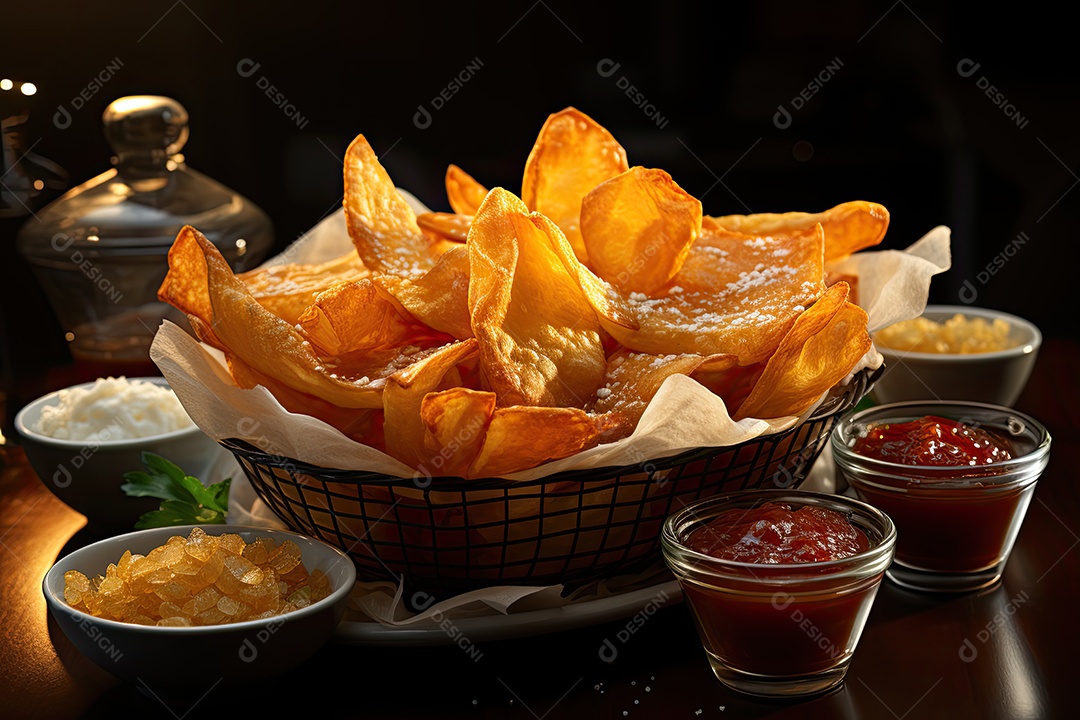 Deliciosas batatas crocantes sobre a mesa