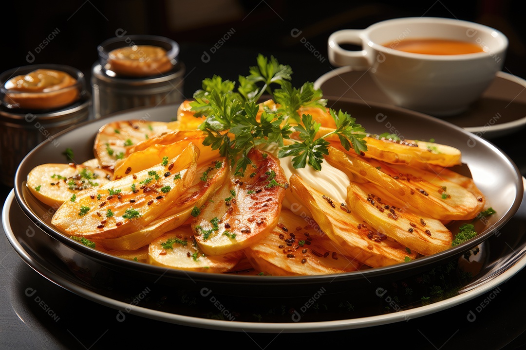 Deliciosas batatas crocantes sobre a mesa
