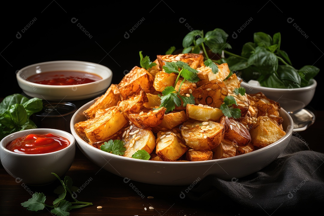 Deliciosas batatas crocantes sobre a mesa