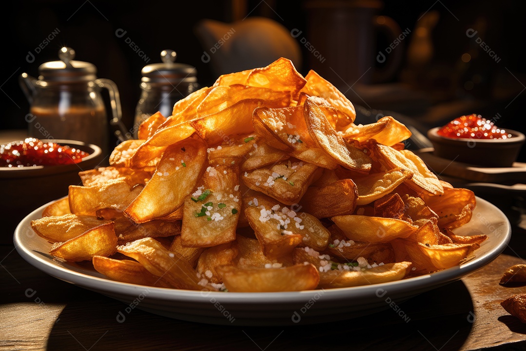 Deliciosas batatas crocantes sobre a mesa