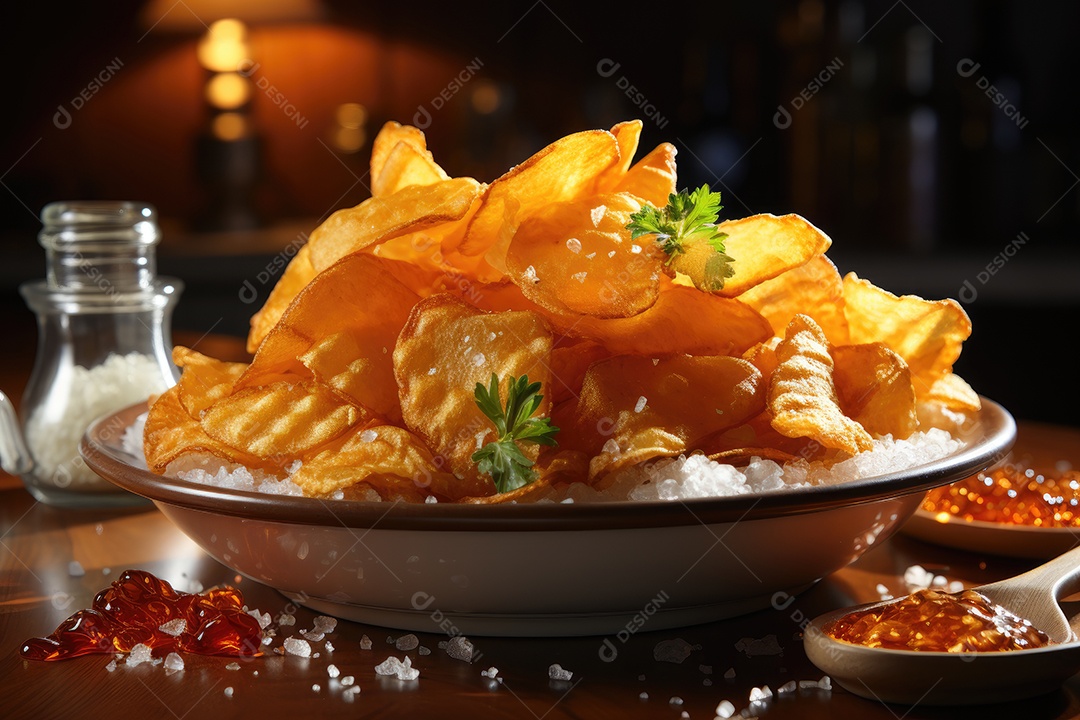 Deliciosas batatas crocantes sobre a mesa