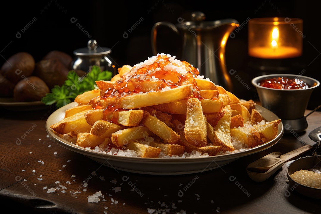 Deliciosas batatas crocantes sobre a mesa