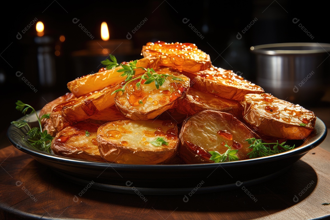 Deliciosas batatas crocantes sobre a mesa