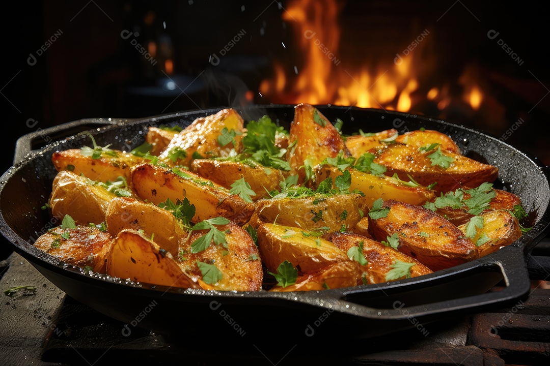 Batatas douradas dançam na frigideira, convidando com crocância. Ketchup próximo a ele.