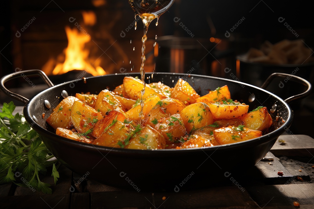 Deliciosas batatas crocantes sobre a mesa