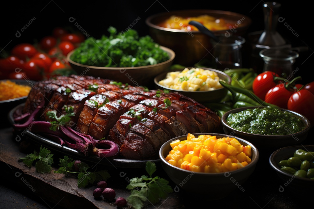 Banquete vibrante exibe pratos coloridos e suculentos.