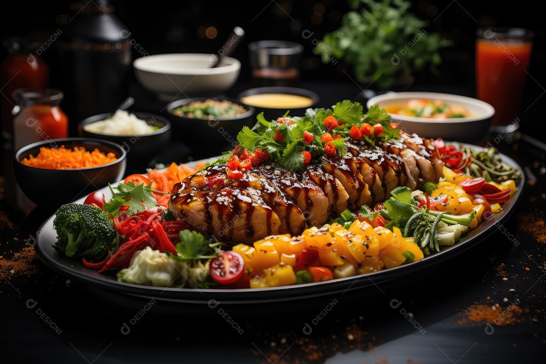 Banquete vibrante exibe pratos coloridos e suculentos.