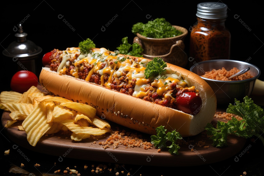 Cena apetitosa: cachorros-quentes suculentos e batatas douradas.