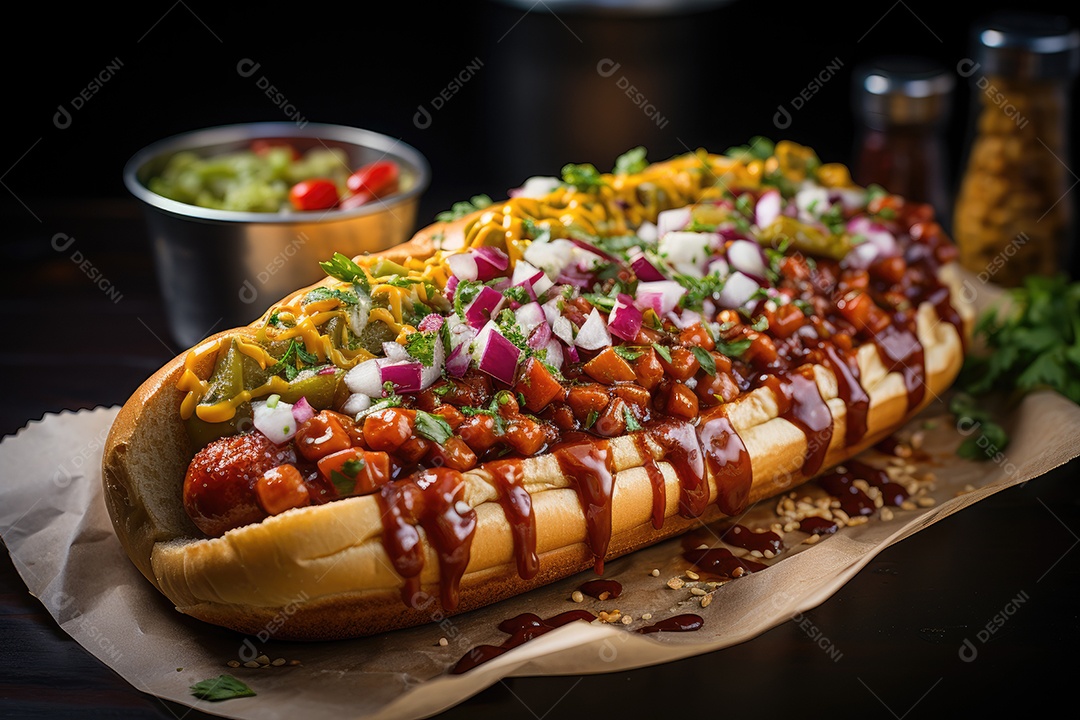 Cena apetitosa: cachorros-quentes suculentos e batatas douradas.