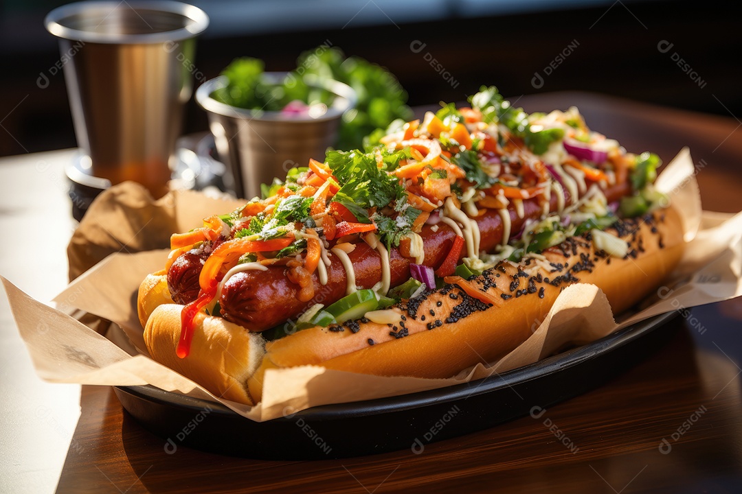 Cena apetitosa: cachorros-quentes suculentos e batatas douradas.