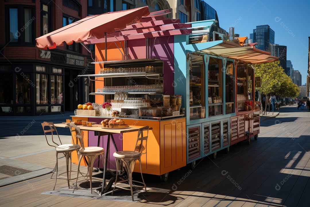 cenário urbano, carrinho de cachorro-quente cercado por pessoas famintas e arranha-céus ao fundo.