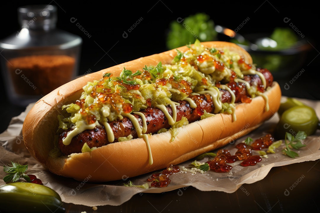 cenário urbano, carrinho de cachorro-quente cercado por pessoas famintas e arranha-céus ao fundo.