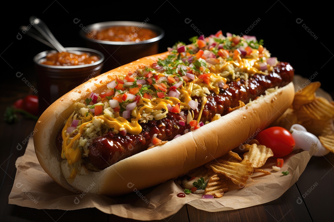 cenário urbano, carrinho de cachorro-quente cercado por pessoas famintas e arranha-céus ao fundo.