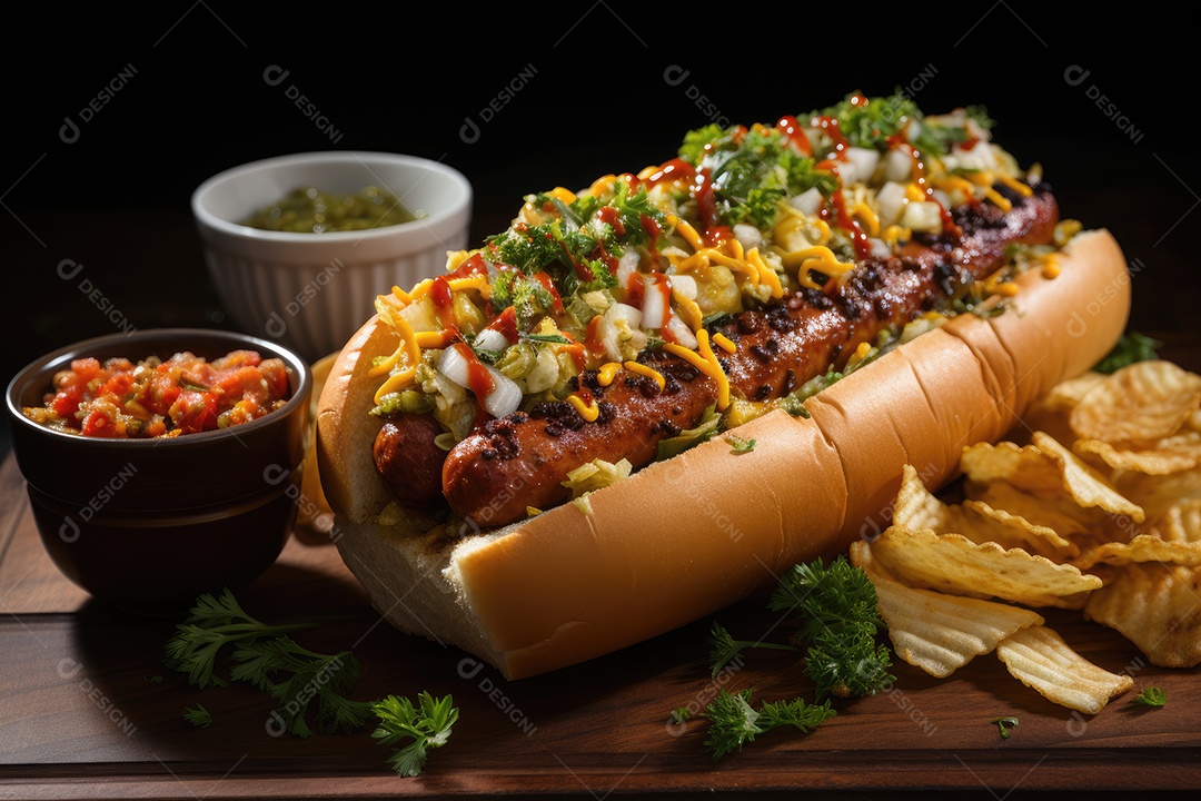 cenário urbano, carrinho de cachorro-quente cercado por pessoas famintas e arranha-céus ao fundo.