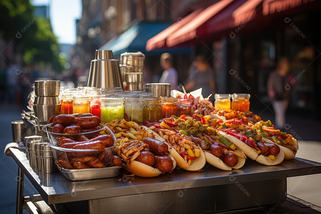 cenário urbano, carrinho de cachorro-quente cercado por pessoas famintas e arranha-céus ao fundo.