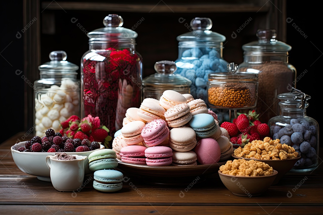 Mesa cheia de doces coloridos e apetitosos.