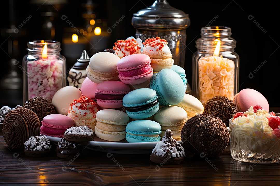 Mesa cheia de doces coloridos e apetitosos.