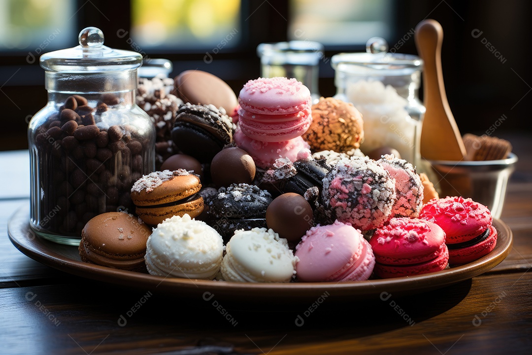 Mesa cheia de doces coloridos e apetitosos.