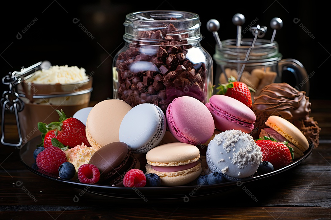 Mesa cheia de doces coloridos e apetitosos.