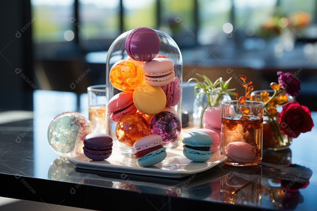 Mesa cheia de doces coloridos e apetitosos.