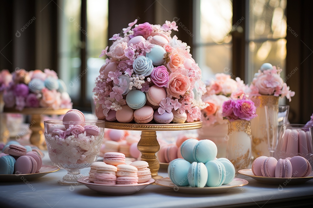Mesa cheia de doces coloridos e apetitosos.