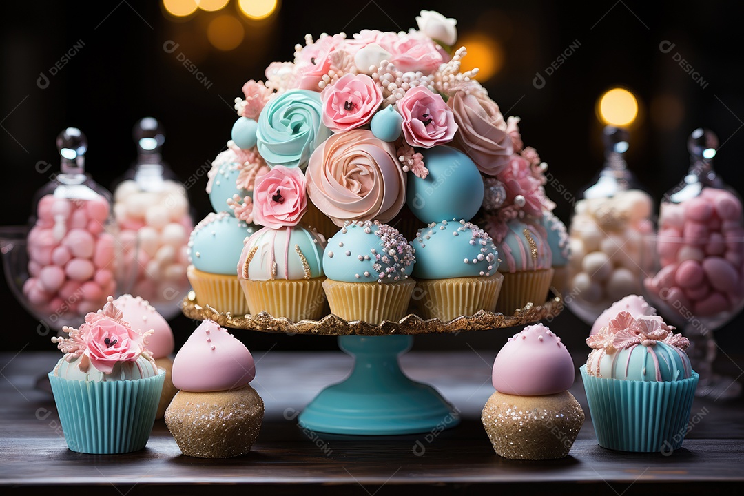 Mesa cheia de doces coloridos e apetitosos.