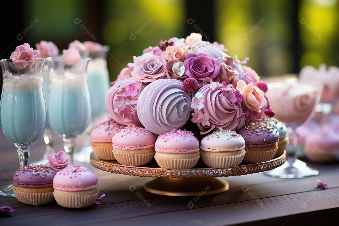 Mesa cheia de doces coloridos e apetitosos.