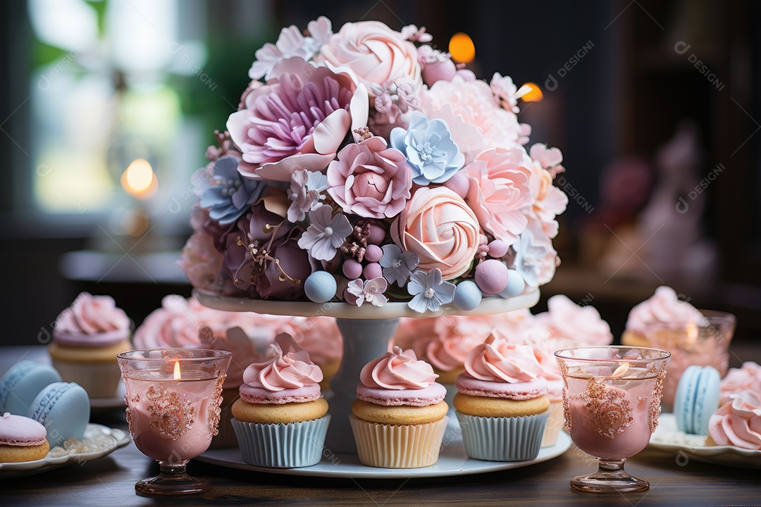Mesa cheia de doces coloridos e apetitosos.