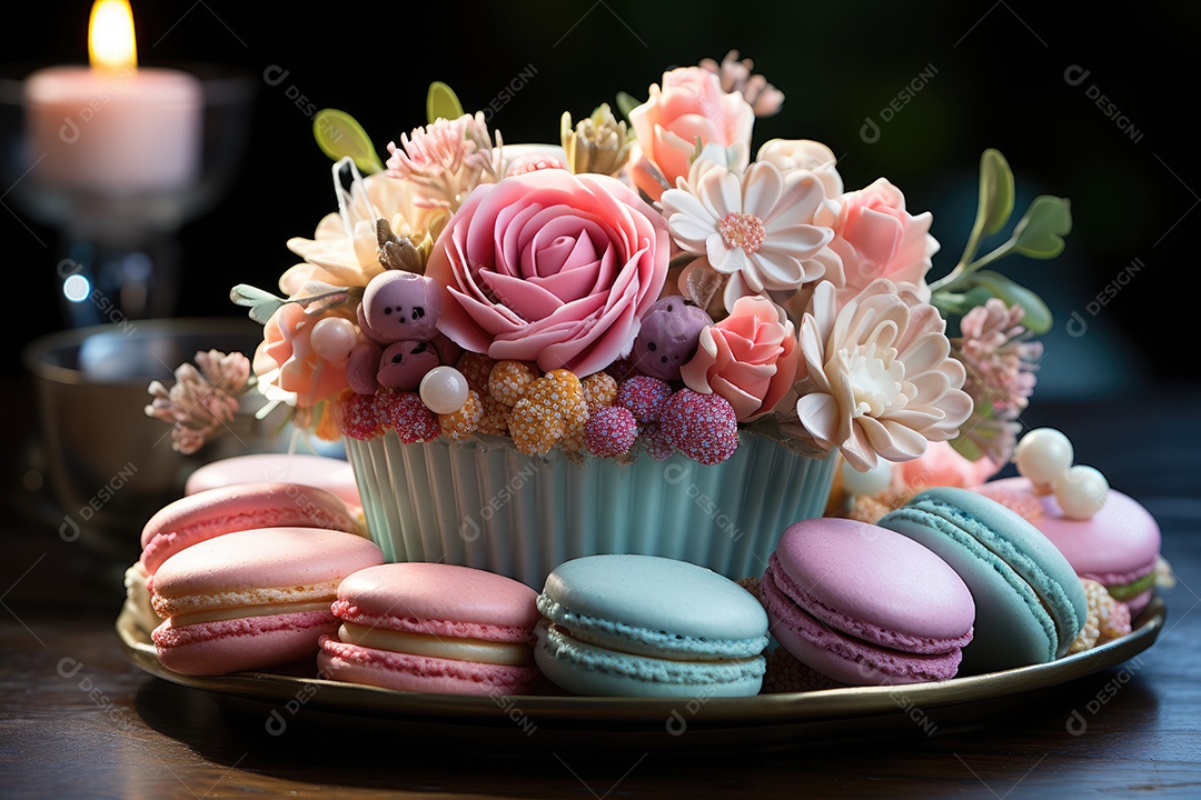 Mesa cheia de doces coloridos e apetitosos.